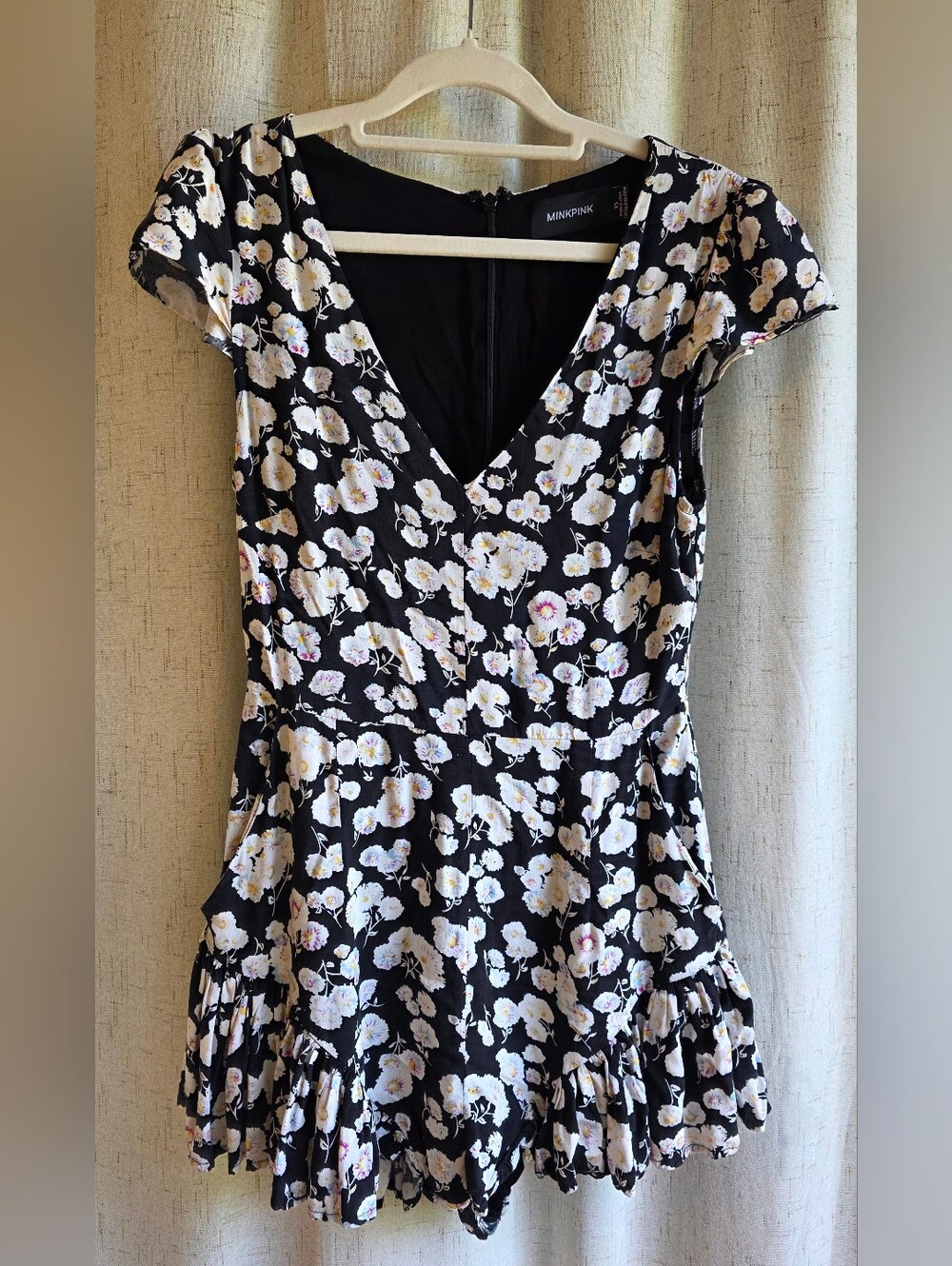 MINKPINK Pretty Petals Black Floral Ruffle Pocket Romper Playsuit
